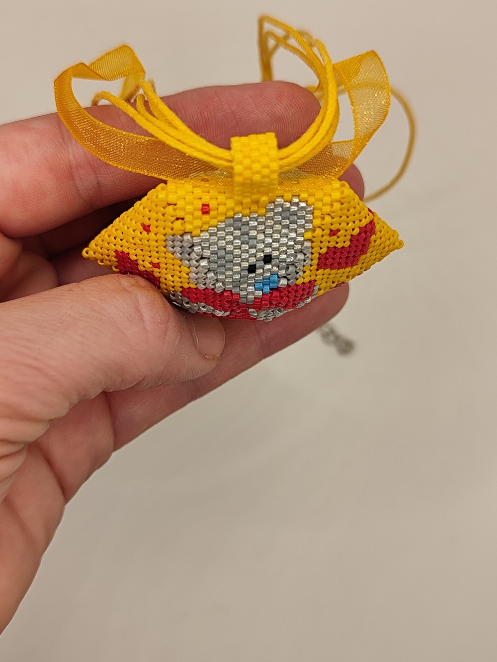 Handmade Beaded  Bear Pendant in Yellow & Red - Picture 6 of 13